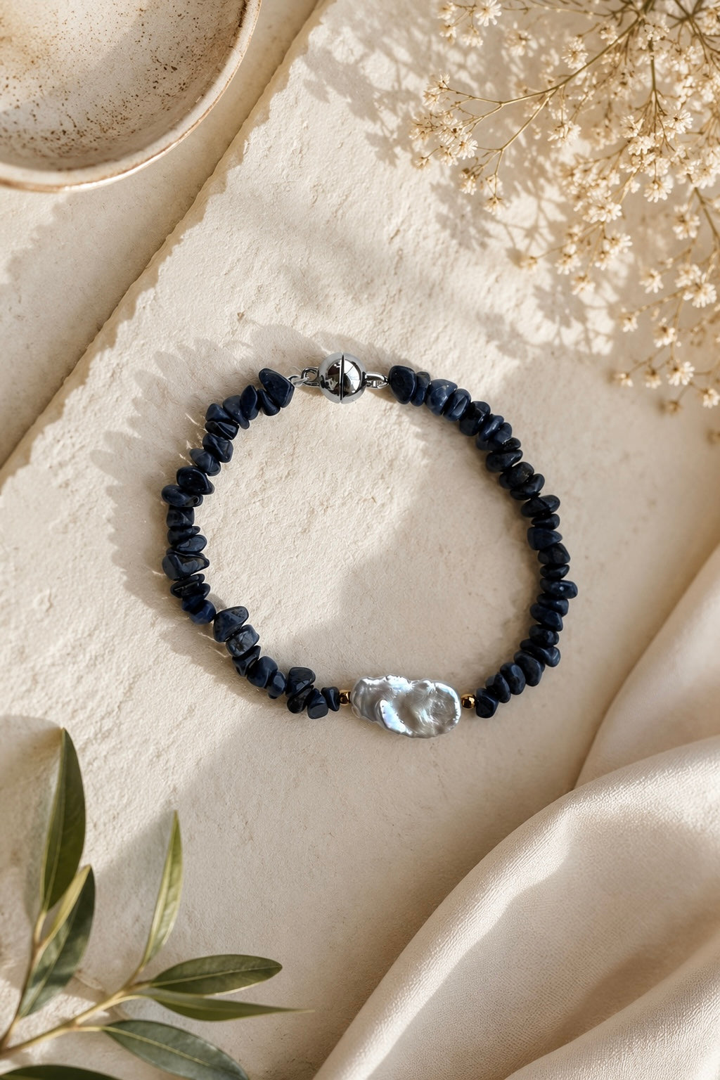 Blue Sapphire with Grey Baroque Pearl & Hematite beads