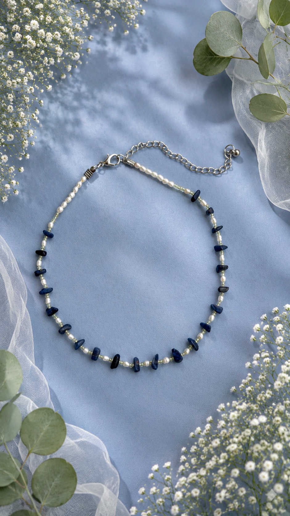 Blue Sapphire, Rice Pearl with Peridot Necklace