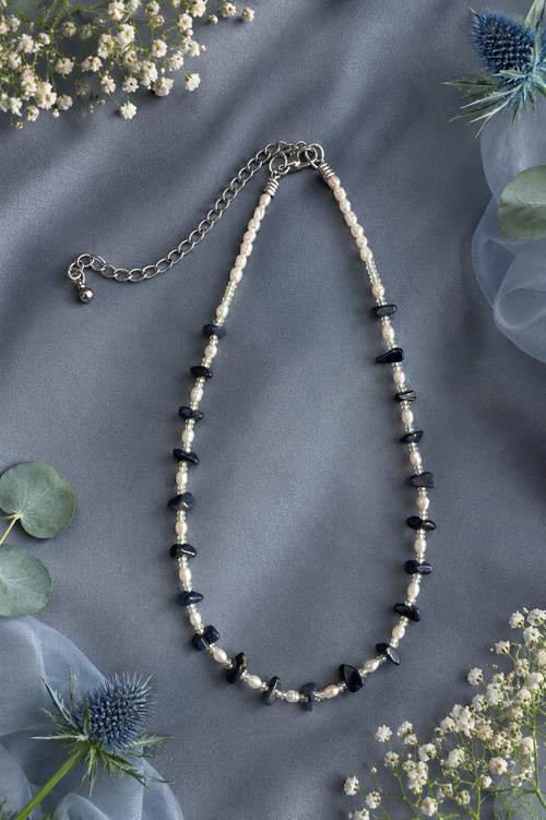 Blue Sapphire, Rice Pearl with Peridot Necklace