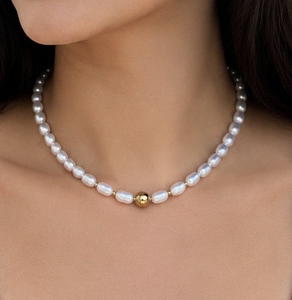 Fresh water Rice Pearls with Hematite Beads Necklace