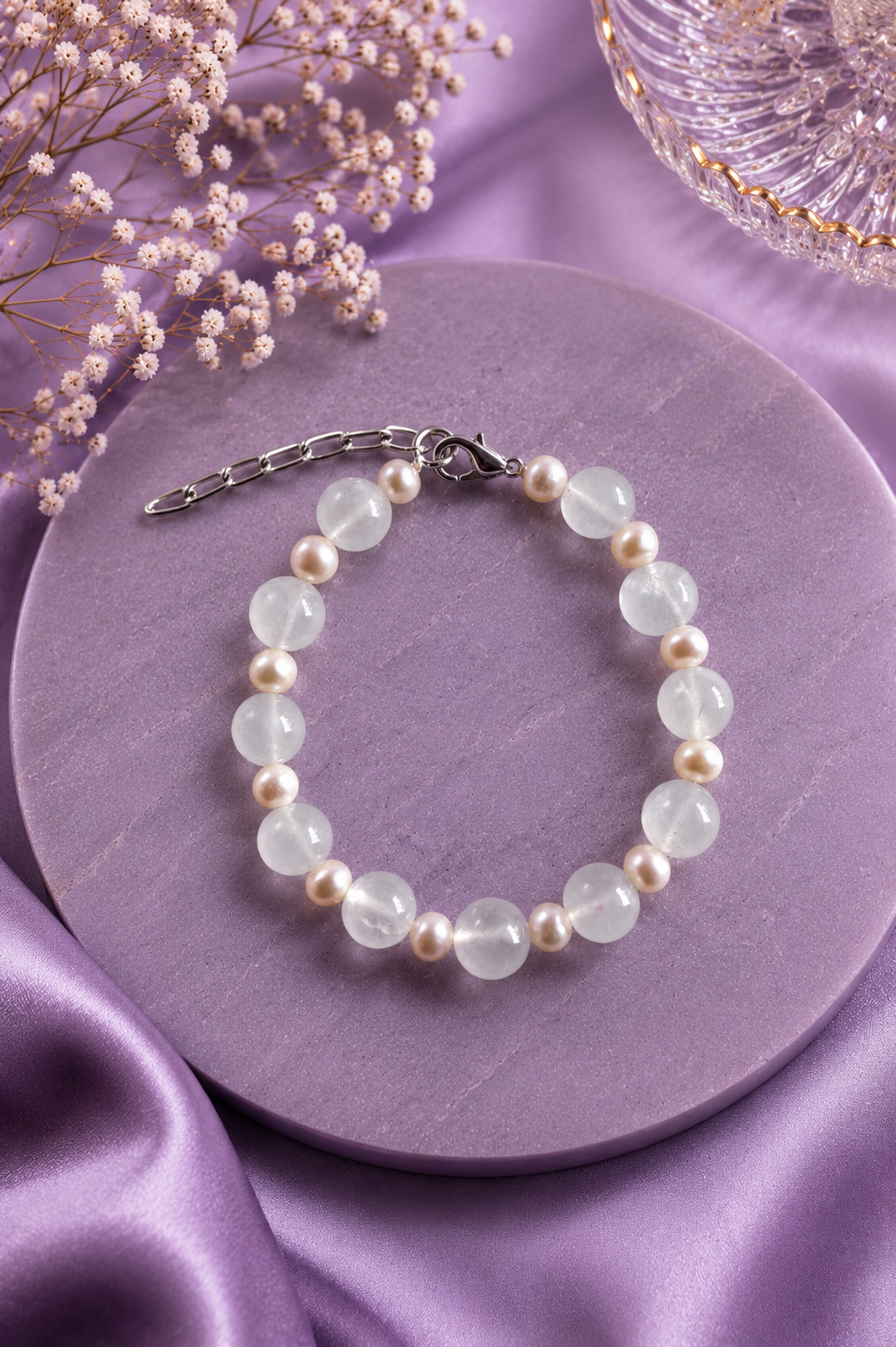 Quartz with Pink fresh water Pearls Bracelet