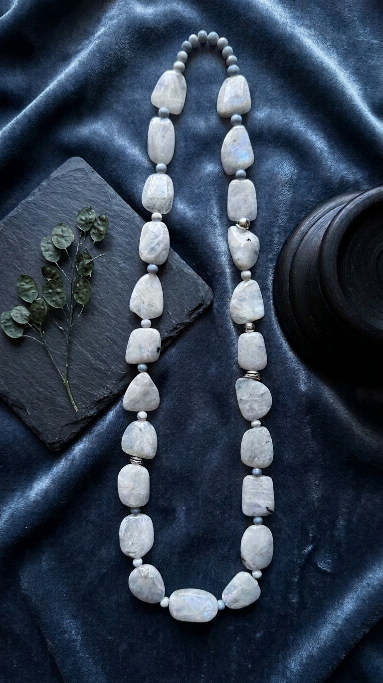 White Rainbow Moonstone Matinee Necklace