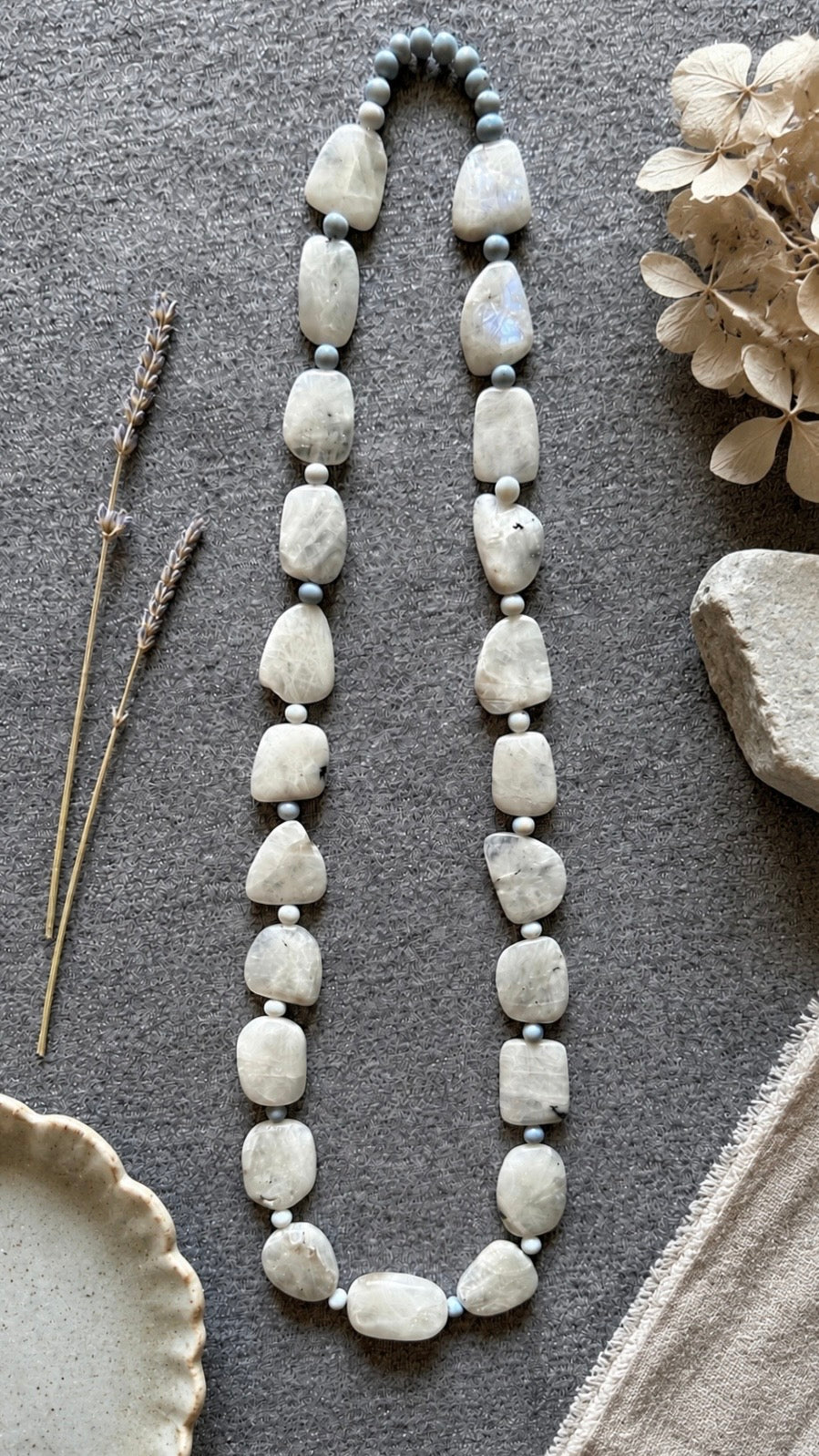 White Rainbow Moonstone Matinee Necklace